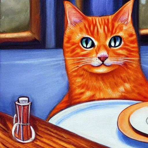 Prompt: painting of a Longhair orange cat sitting at a diner.