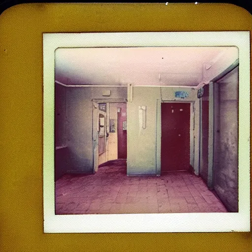 Image similar to polaroid coloured photo of a sanatorium with poltergeist paranormal activities