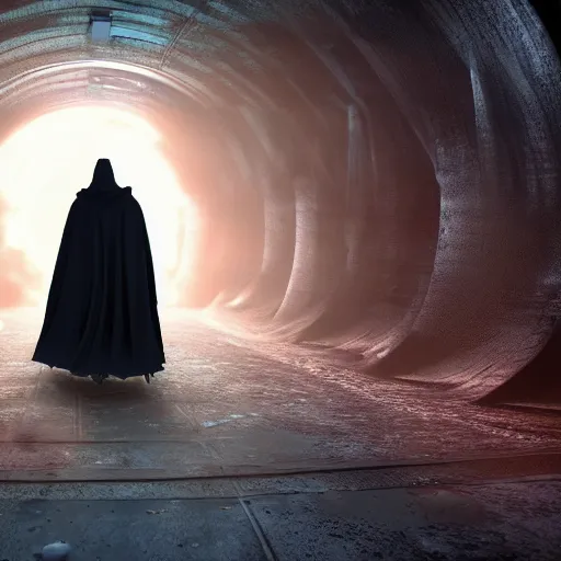 Prompt: sci-fi time traveler nomad wearing a cloak, cape, walking through a neone clock tunnel into another dimension, clocks falling, hdr, glow, sunset, zack snyder cinematography style, dark, cinematic, cinema lighting, highly detailed, ultra realistic, cinematic lighting, 8k