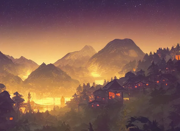 Prompt: concept art painting of a distant small woodland village at midnight, by a river in a mountain valley seen from above, night time, european japanese buildings, cel shaded, realistic, by makoto shinkai and moebius and anton fadeev and greg rutkowski and james gurney