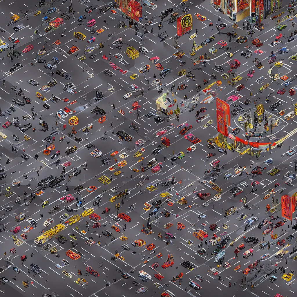 Prompt: A stunning downward angle close-up view illustration of a highly hyperdetailed city street intersection, with human and mechanical vehicle traffic, service robots, strip clubs, pimps, prostitutes, gangs, vandals and vagrant broken cyborgs, by Geof Darrow and H.R. Giger, cinematic, highly microdetailed, octane render, vray, rich cinematic atmosphere of trashiness and street filth, perfect digital art, sleazy journey in a dark future, electrical neon signs and billboard art, cyberpunk, sci-fi, mad max, dim lights, sharp focus, high detailed, by Geof Darrow, Michael Whelan and Thomas Kinkade