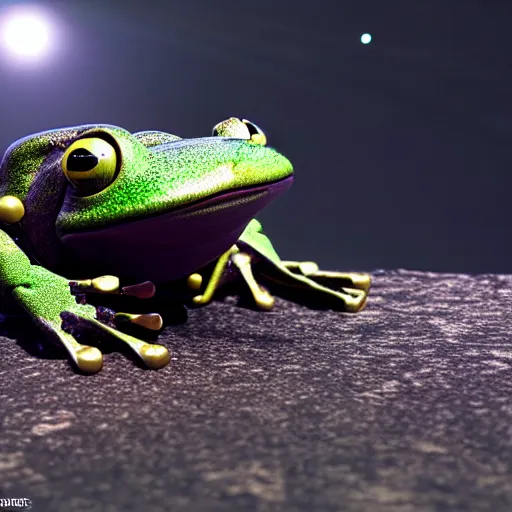 Image similar to a robot frog in an unknown planet, aliens look at it, octane render, hyperrealistic, ultra coherent, 3D