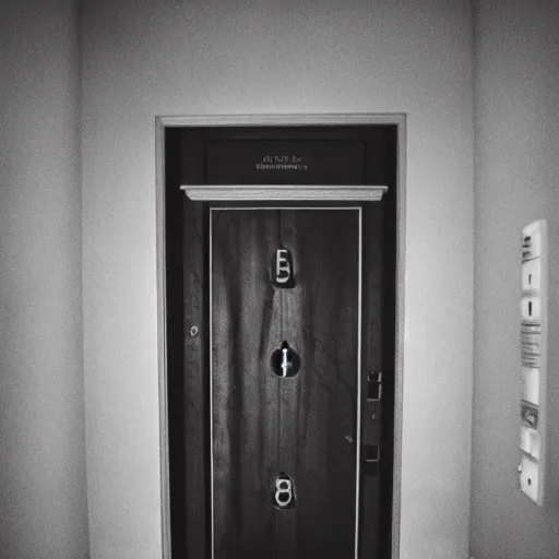 Image similar to foreboding door at the end of a dark hotel hallway, creepy, eerie, surreal, liminal,