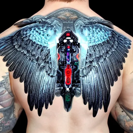 Prompt: man with cybernetic bird wings on his back, highly detailed, mega detailed, photo realistic, cyberpunk,