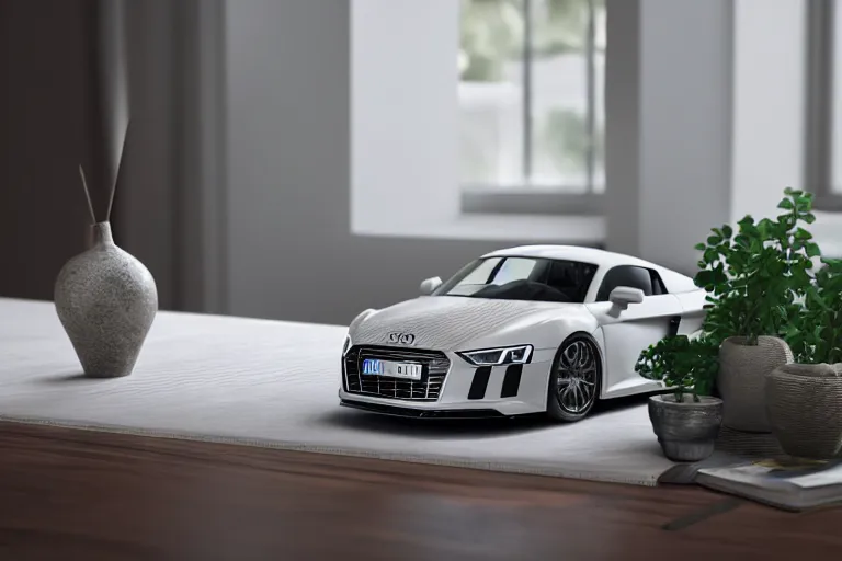 Image similar to a small miniature of a Audi R8 on a white table near a book and a vase with a plant, 3d render, unreal engine 5, octane render, 4k, low contrast, path tracing, serene landscape, calm, relaxing, beautiful landscape, highly detailed, high quality, product photo, hyperrealistic, concept art