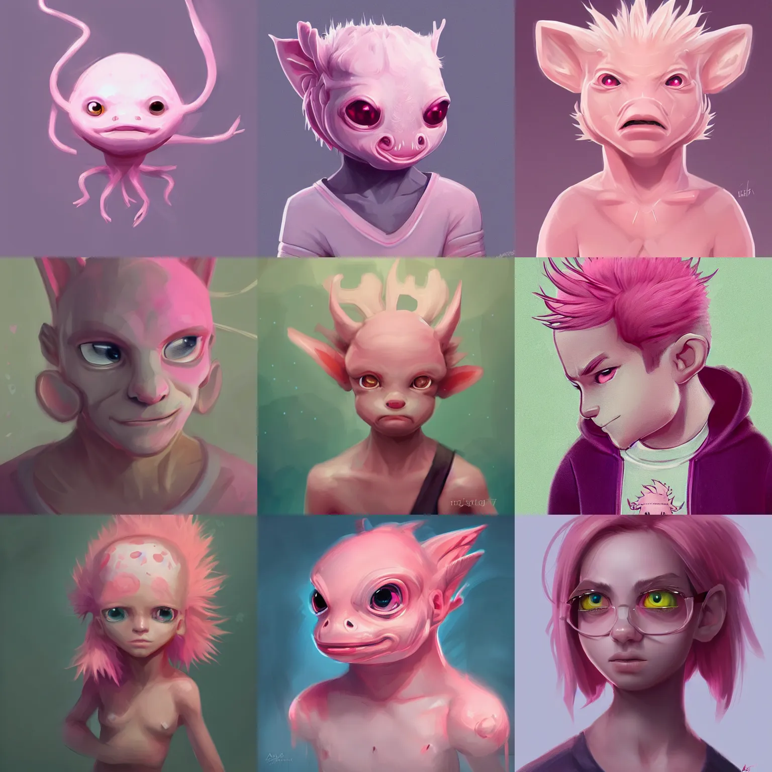 Prompt: character concept portrait, pink axolotl boy, adorable digital painting, concept art, smooth, sharp focus, illustration, artgerm