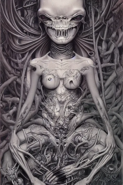 Image similar to by james jean, by mark ryden, by frank frazetta, by alex grey, by h r giger