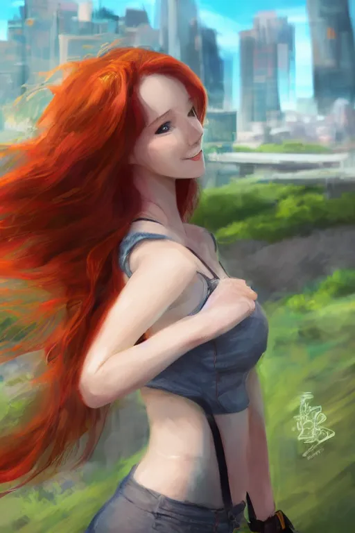 Prompt: beautiful cute red haired joyful and playful nineteen year old maiden standing up in casual green clothing with a modern city in the background, long hair, cute pose, athletic body, rpg character, sci - fi, fantasy, intricate, elegant, digital painting, artstation, concept art, smooth, 8 k frostbite 3 engine, ultra detailed