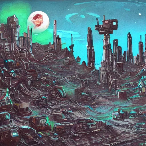 Prompt: dustpunk city on mars with an ethereal glow, gouache ink