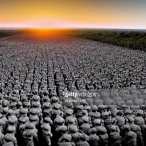 Image similar to an army of a million Barrack Obama’s on the battlefield with a beautiful sunset in the distance behind them, high contrast 4k hd photograph,