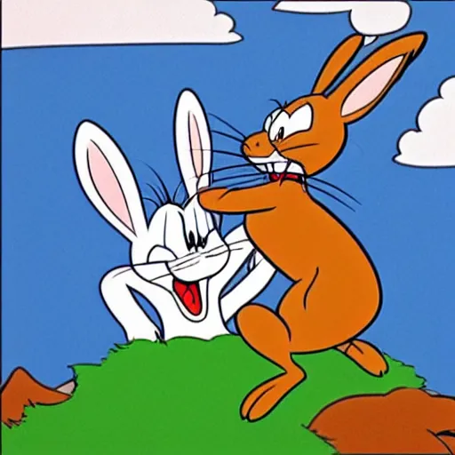 Image similar to bugs bunny being eaten by a mountain lion, animated, old cartoon style