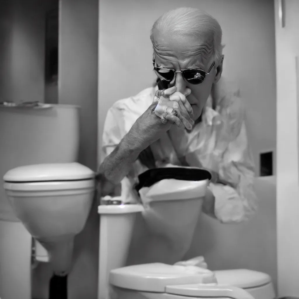 Image similar to joe biden picking his nose while sitting on the toilet, cinematic framing, cinematic lighting, hdr, gritty, movie still, 4k, 70s psychedelic style