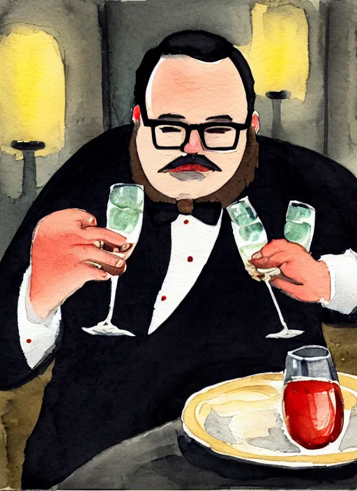 Prompt: watercolor painting of a fat guy with glasses, short beard, odd haircut and a glass of champagne, in classic suit in a bar setting, dimly lights, afternoon tea, a very interesting and intellectual person