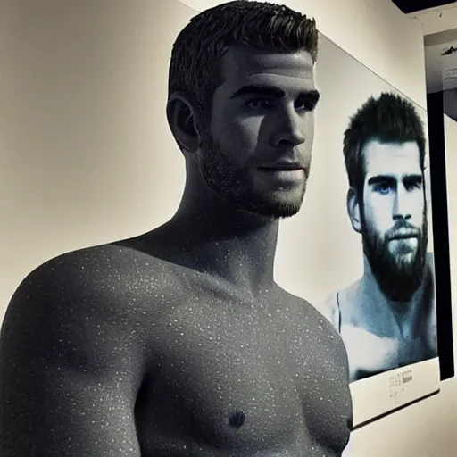 Image similar to “a realistic detailed photo of a guy who is an attractive humanoid who is half robot and half humanoid, who is a male android, actor Liam Hemsworth, shiny skin, posing like a statue, blank stare, at the museum, on display”