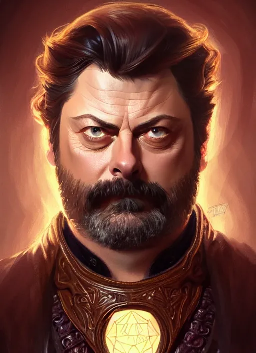 Prompt: portrait of nick offerman, d & d, leather robes, muscular, fantasy, intricate, elegant, highly detailed, digital painting, artstation, concept art, smooth, sharp focus, illustration, art by artgerm and greg rutkowski and alphonse mucha