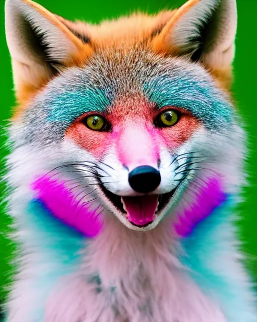 Prompt: pink green blue fox, portrait, blue background, 8 k, 8 5 mm f 1. 8