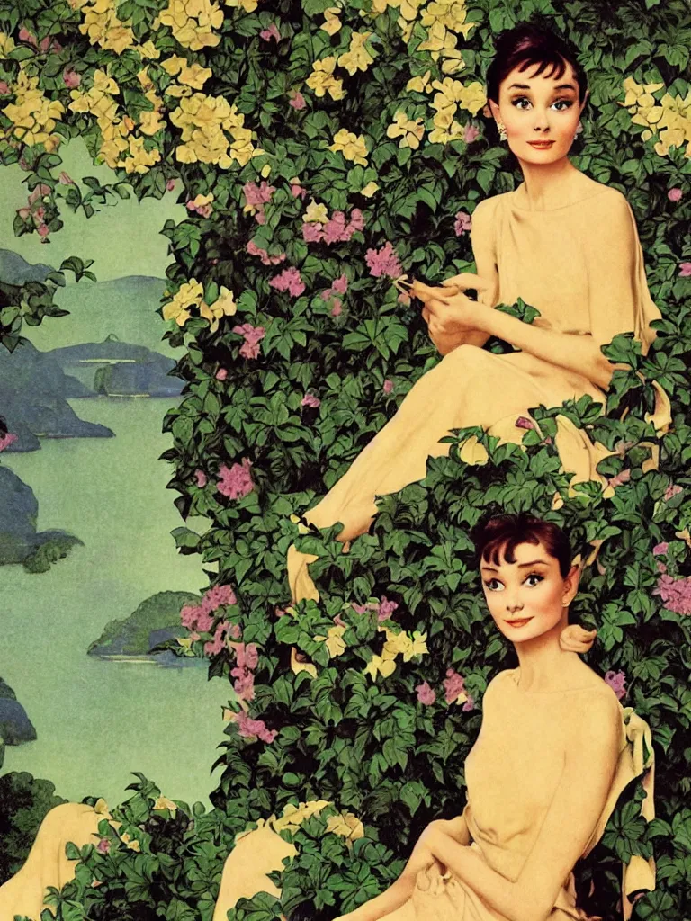 Prompt: Audrey Hepburn in Breakfast at Tiffany's by Maxfield Parrish, Art Nouveau