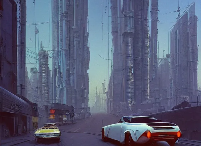 Image similar to a car driving down a street next to tall buildings the night at 8:00 am, cyberpunk art by Chesley Bonestell, cgsociety, retrofuturism, matte painting, reimagined by industrial light and magic