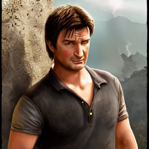 Prompt: nathan fillion as nathan drake from uncharted, cinematic lightning