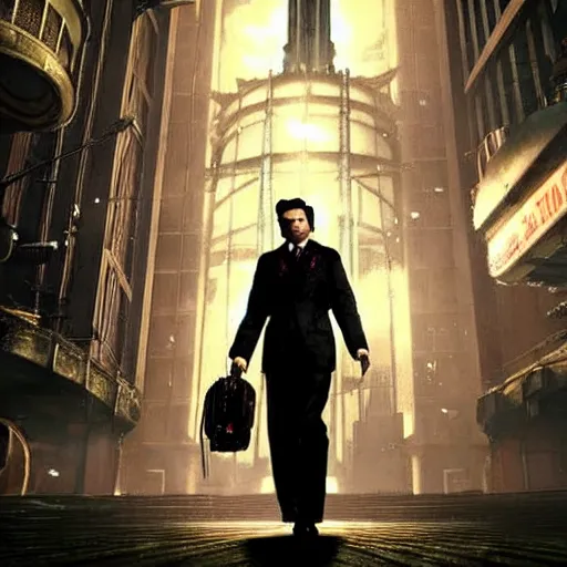 Image similar to screen capture from a live - action bioshock movie. andrew ryan, played by evan peters, is shown standing in an turn of the century style office front of an immense floor - to - ceiling window looking out into the underwater city of rapture. the lights of the city are shining in the distance and an abundance of sea life is shown.