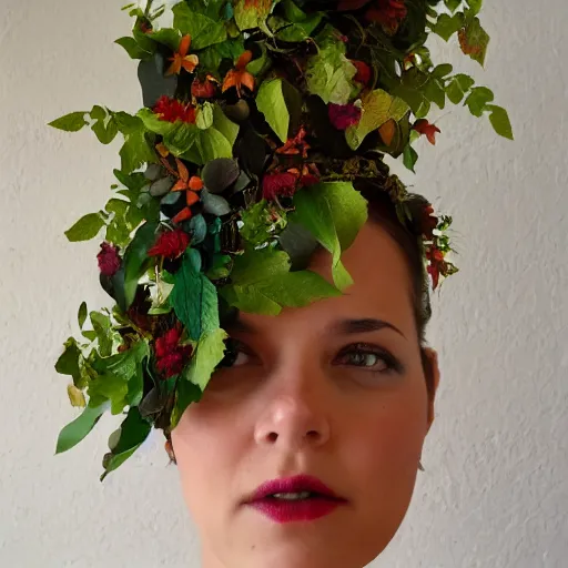 Image similar to anthropomorphic tree vine woman head wearing a crown made of flowers and leaves