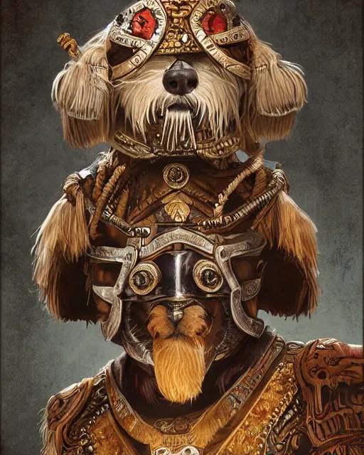 Prompt: digital painting of masked incan dog warrior, by filipe pagliuso and justin gerard, symmetric, fantasy, realistic, highly detailed, realistic, intricate, sharp focus, tarot card, portrait, peruvian