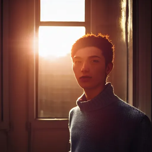 Image similar to un ultra high definition studio quality photograph of a young man standing in a unique london studio environment wearing all eclectic clothes whilst watching the sun rising through a large window. wide angle. three point light. extremely detailed. golden hour, golden ratio, ray tracing, volumetric light, shallow depth of field.