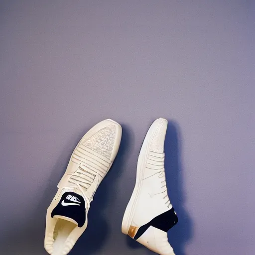 Image similar to a studio photoshoot of Nike sneakers designed by Tom Sachs, cream leather with knitted mesh material, gum rubber outsole, realistic, color film photography by Tlyer Mitchell, 35 mm, graflex