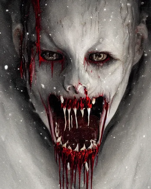 Image similar to Horrifying detailed painting of a pale, emaciated humanoid creature. It has sharp teeth and claws with pale milky eyes; snow, woods, blood; dark cinematic lighting, hyper detailed, moody; painted by Greg Rukowtski, trending on Artstation