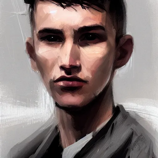 Image similar to Portrait of a man by Greg Rutkowski, he is about 20 years old, west slav features, short blonde hair with bangs, attractive, smart looking, slim, somewhat androgenic, he is wearing a white and black utilitarian jumpsuit, highly detailed portrait, scifi, digital painting, artstation, concept art, smooth, sharp foccus ilustration, Artstation HQ