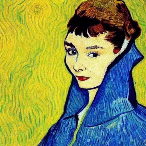 Prompt: a painting of audrey hepburn by vincent van gogh