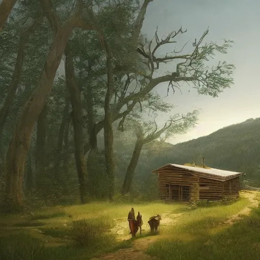 Prompt: a homesteader standing on the porch of his log cabin. pastoral tribute to caspar david friedrich. a wide expansive valley with verdant foliage, tall broad oaks, a beautiful pellucid river running betwixt gorgeous igneous rock driven up by glaciers borderlands cel-shading illustration ismail inceoglu