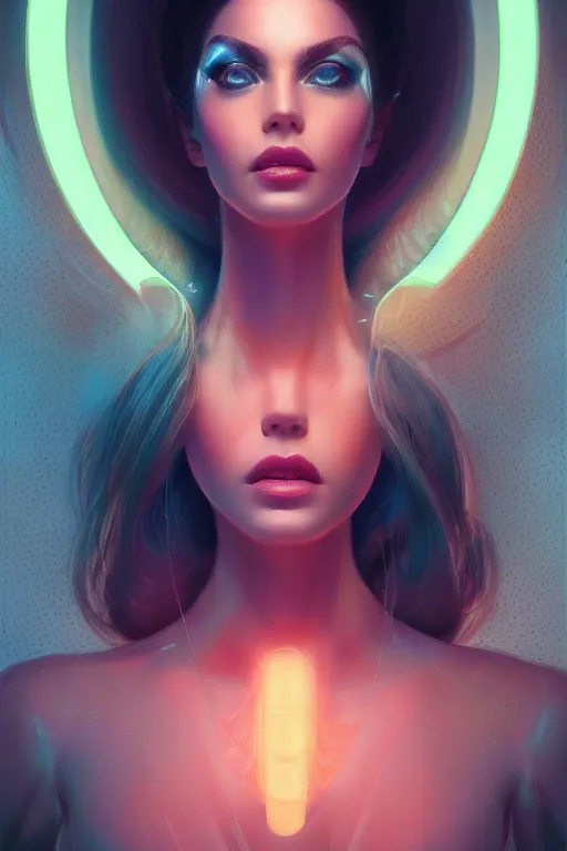 Image similar to portrait of female humanoid from 6 0 s era, intricate, elegant, cyber neon lights, highly detailed, digital painting, artstation, glamor pose, concept art, smooth, sharp focus illustration, art by artgerm and greg rutkowski