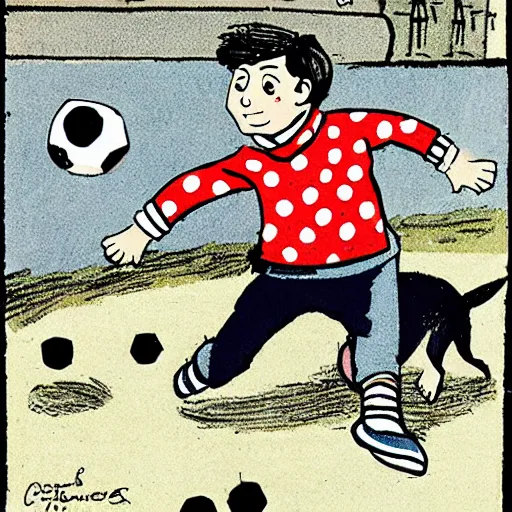 Image similar to illustration of french boy on the streets of paris playing football against a corgi, the dog is wearing a polka dot scarf, comic, 1 9 6 6