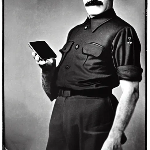 Image similar to Stalin holding an iPhone, studio photography, 1940