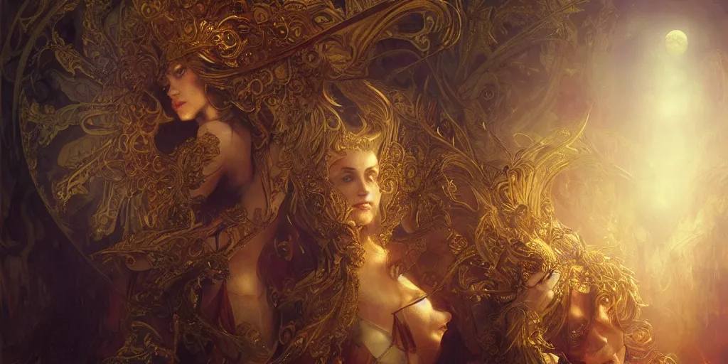 Prompt: masterpiece, carnivale cinematic, powerful, moon beams dramatic light, highly, intricate gold elements, hollow souls, detailed, digital painting, artstation, concept art, sharp focus, illustration, art by artgerm and greg rutkowski and alphonse mucha, rembrandt