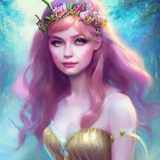 Image similar to enchanted fairy princess, detailed matte fantasy painting, warm morning light, character art portrait, deviantart artstation, by artgerm, by ross tran, by lisa frank