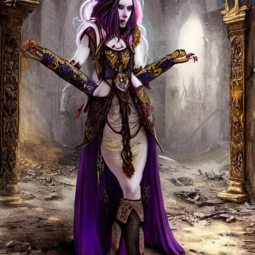 Image similar to Pale Sorceress with long dark hair walking within an abandoned and decayed medieval temple. She wears a purple dress adorned in jewelry flashing gold, trending on artstation, dark fantasy