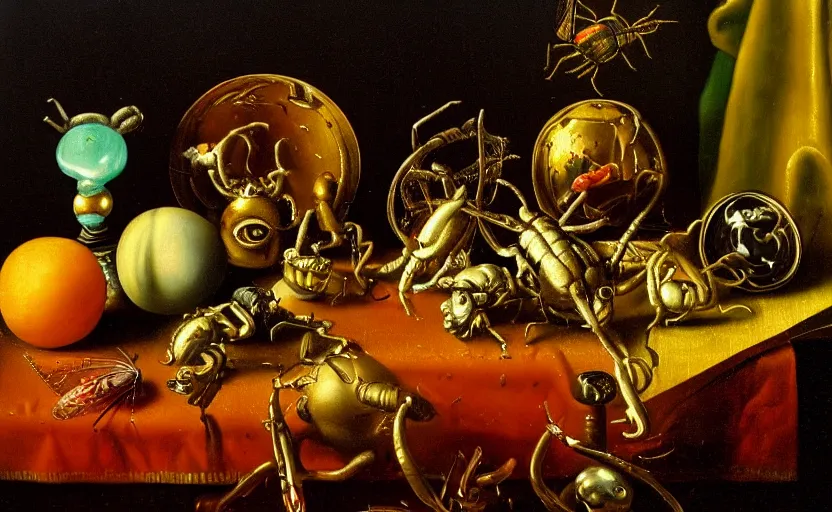 Image similar to disturbing colorful oil painting dutch golden age vanitas still life with bizarre objects strange gooey surfaces shiny metal bizarre insects rachel ruysch dali todd schorr very detailed perfect composition rule of thirds masterpiece canon 5 0 mm, cinematic lighting, photography, retro, film, kodachrome