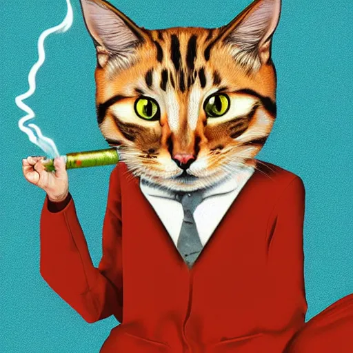 Image similar to an anthropomorphic cat smoking a fat joint, stunning digital art, highly detailed masterpiece