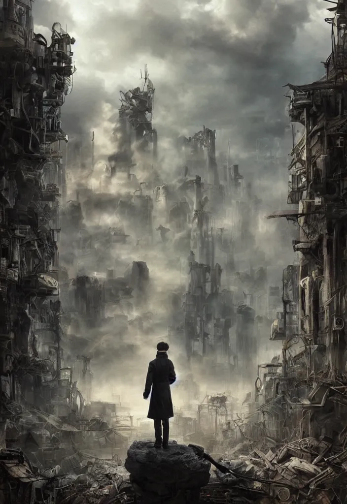 Image similar to A gray ferret standing on a rock, in the background is a destroyed dystopian city with mist, steampunk, digital art, very detailed, movie poster made by drew struzan, realistic