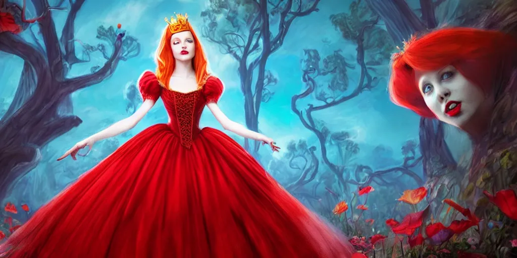 Image similar to The Red Queen, alice in wonderland, Cards, colorful, wide angle, super highly detailed, professional digital painting, artstation, concept art, smooth, sharp focus, no blur, no dof, extreme illustration, Unreal Engine 5, Photorealism, HD quality, 8k resolution, cinema 4d, 3D, beautiful, cinematic, art by artgerm and greg rutkowski and alphonse mucha and loish and WLOP