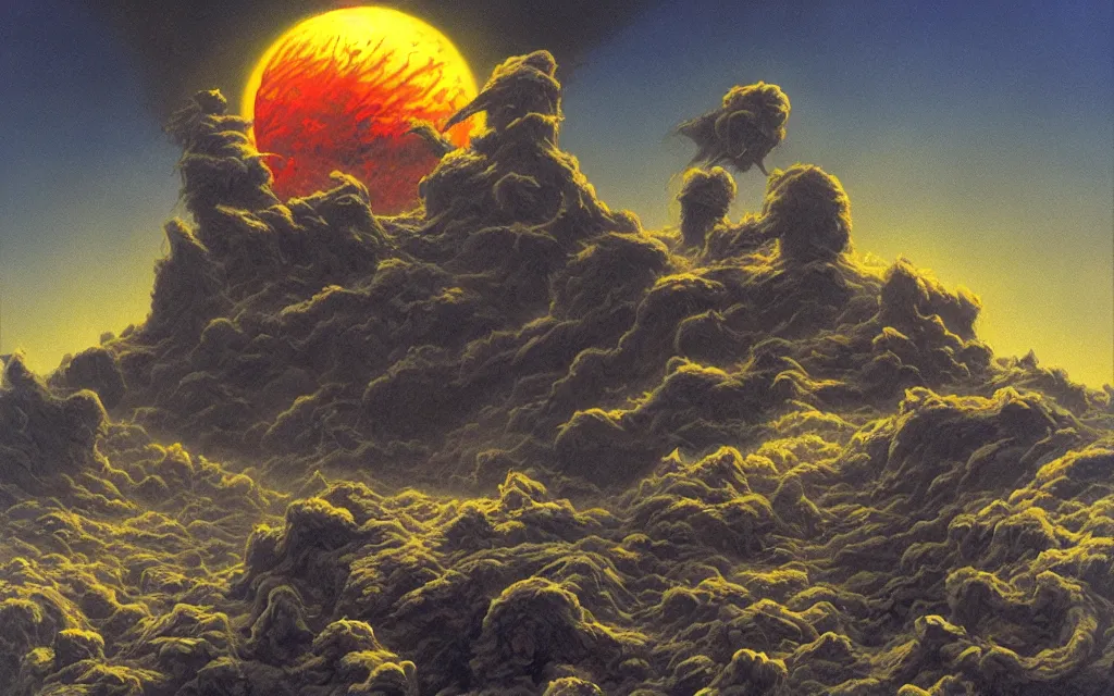 Image similar to black dead sun howling radioactive dread sun of the void above the tomb wastes, award winning oil painting by Michael Whelan, nuclear color palette