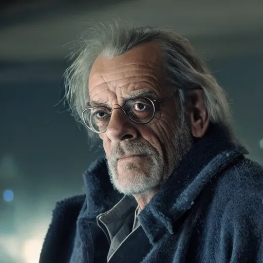 Prompt: christopher lloyd with a scruffy beard in a dark blue trenchcoat, cinematic, volumetric lighting, f 8 aperture, cinematic eastman 5 3 8 4 film, photorealistic