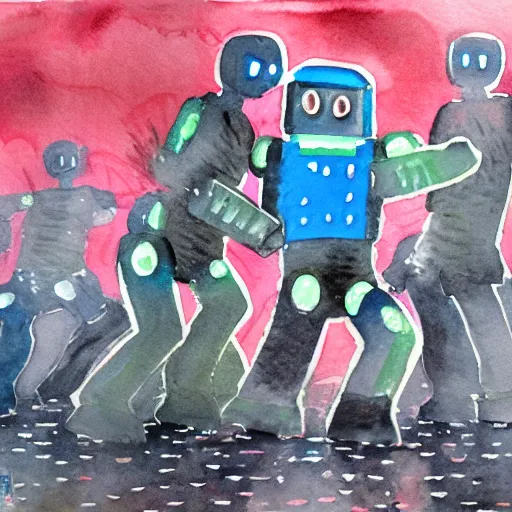 Prompt: robot dancing in the rain, watercolor