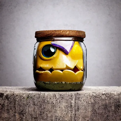 Image similar to cute monster in a jar by Greg Rutkowski, product photography, centered, studio lightning