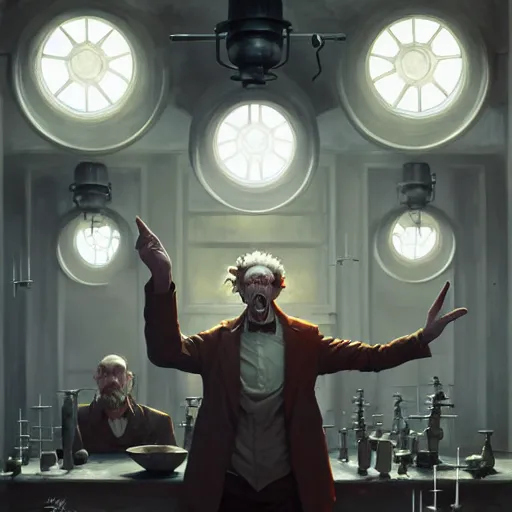 Image similar to symmetry!! mad scientist conducting an experiment by otto dix and greg rutkowski and andreas rocha, cinematic lighting, highly detailed, warm colours, 4 k -