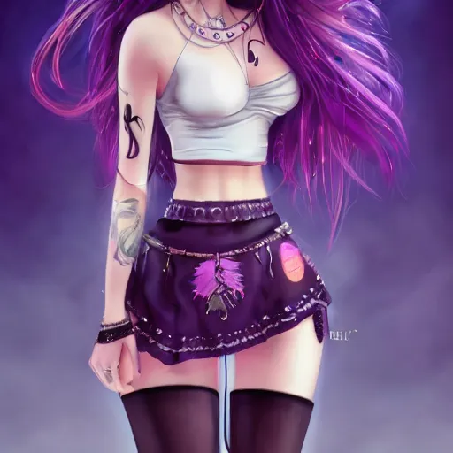 Image similar to kerli koiv animel goth girl with purple hair in mini skirt and crop top intricate, extremely detailed, artstation, 8 k, sensual lighting, incredible art, wlop, artgerm