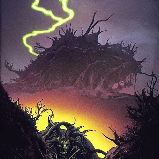 Image similar to tornado creature with bright glowing eyes, fluid, smooth, organic, crazy, high contrast, sharpness, dramatic, by greg rutkowski and siudmak and richard corben and moebius