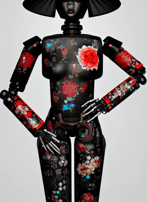 Image similar to full body portrait of a gothic japanese robot geisha with kanji tattoos and decals wearing a digital pixelated kimono, intricate design, photorealistic, octane render, raytraced, ultra fine detailed, character design, trending on artstation